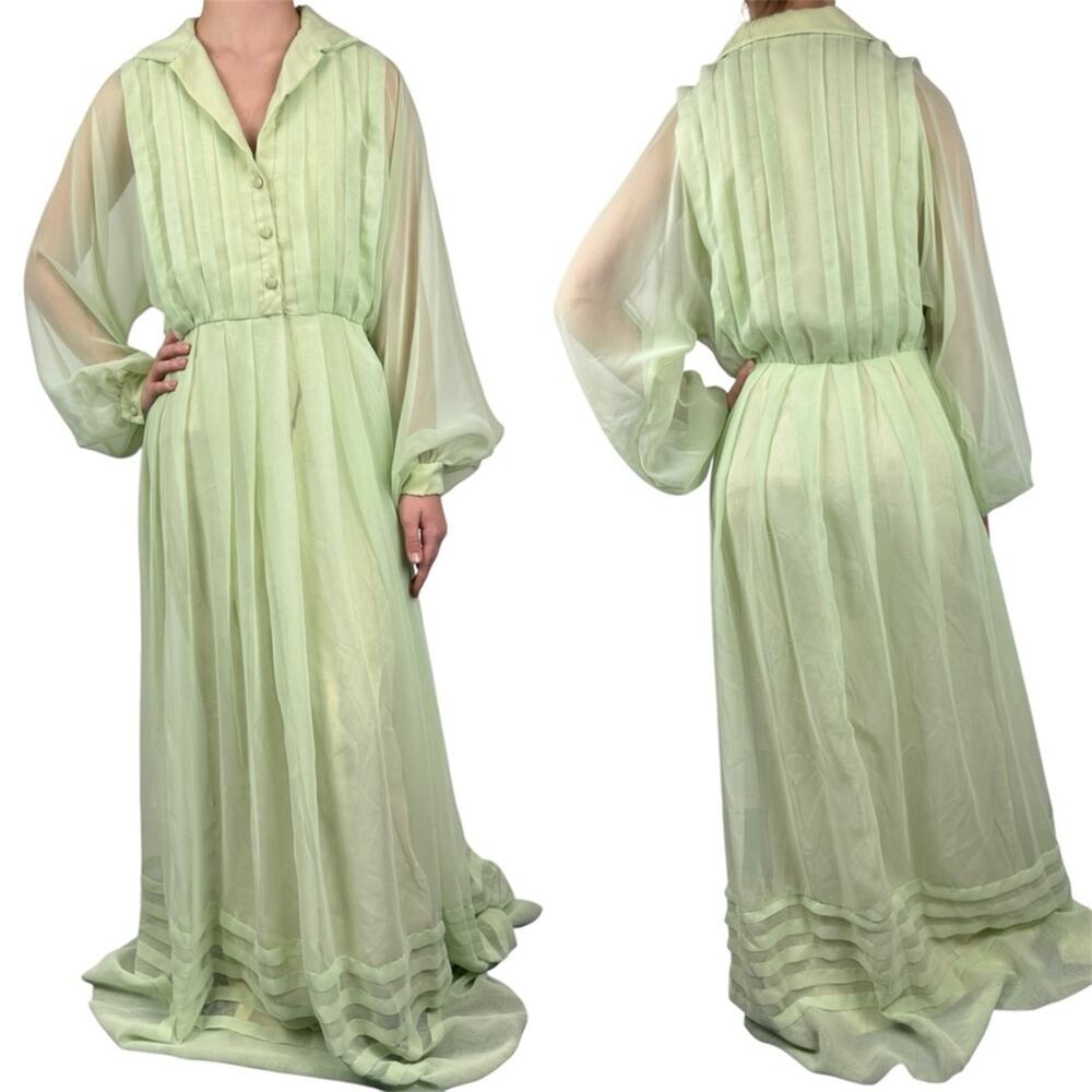 Vintage 70s‎ Marita By Anthony Muto Sheer Balloon Sleeve Pleated Gown Green M/L